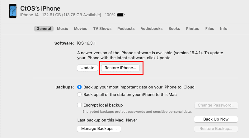 Restore iPhone option on Finder app on Mac
