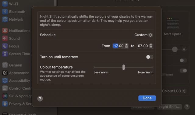 Customize Night Shift Times on Mac Screenshot