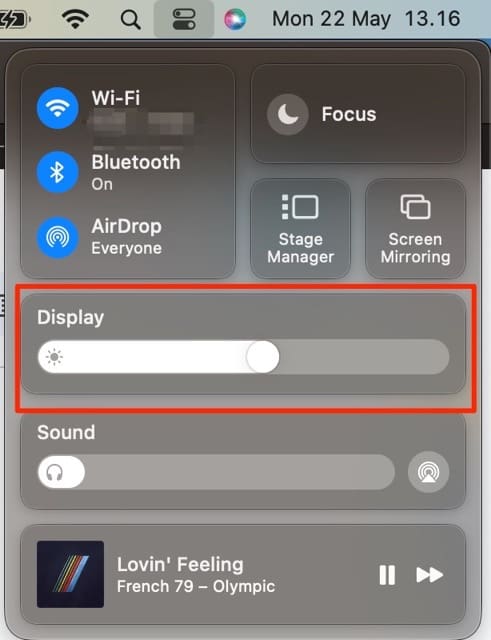 The Displays slider on the Mac Control Center