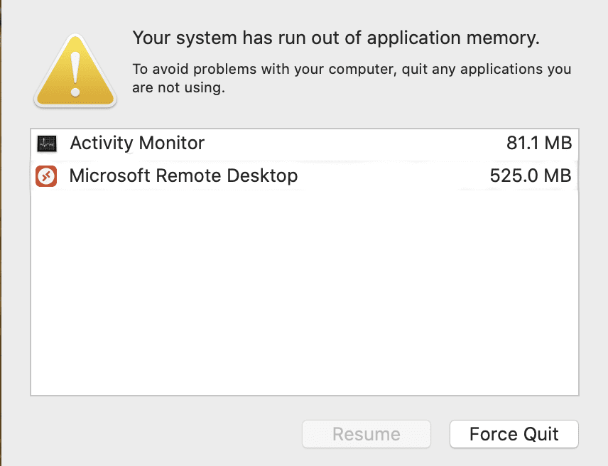 System Has Run Out of Application Memory on Mac