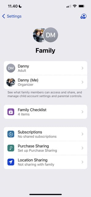 The Family Settings Interface on iPhone