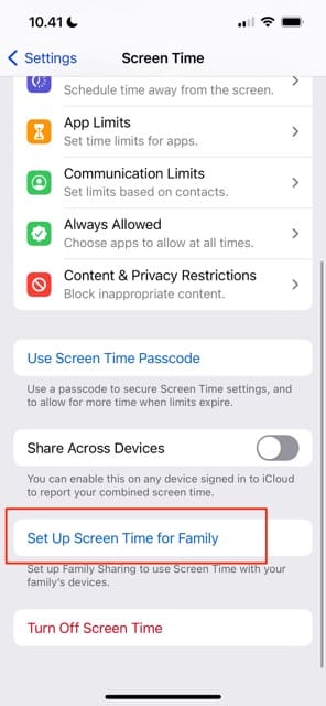Invite Your Family to iOS Screen Time by selecting the Set Up Account Option