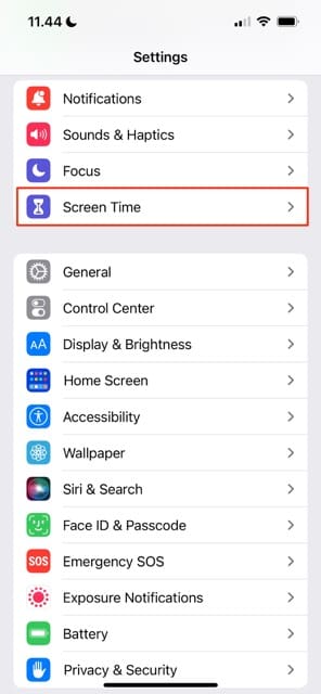 Choose Screen Time in iOS Settings