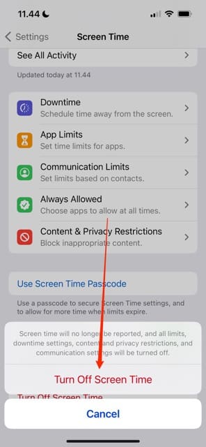 Pop-up asking you to turn off screen time