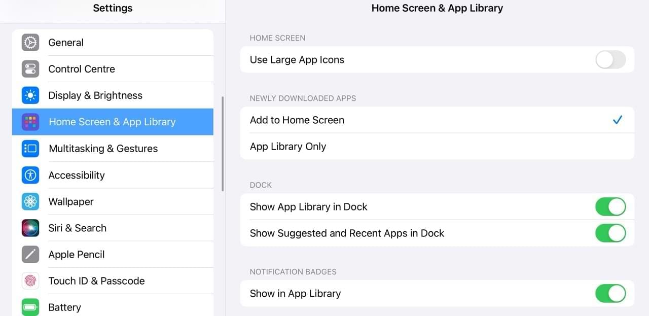 iPadOS Home Screen and App Library Settings