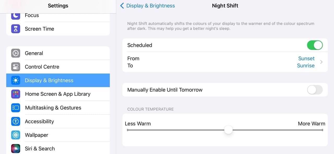 The Night Shift Option on iPadOS