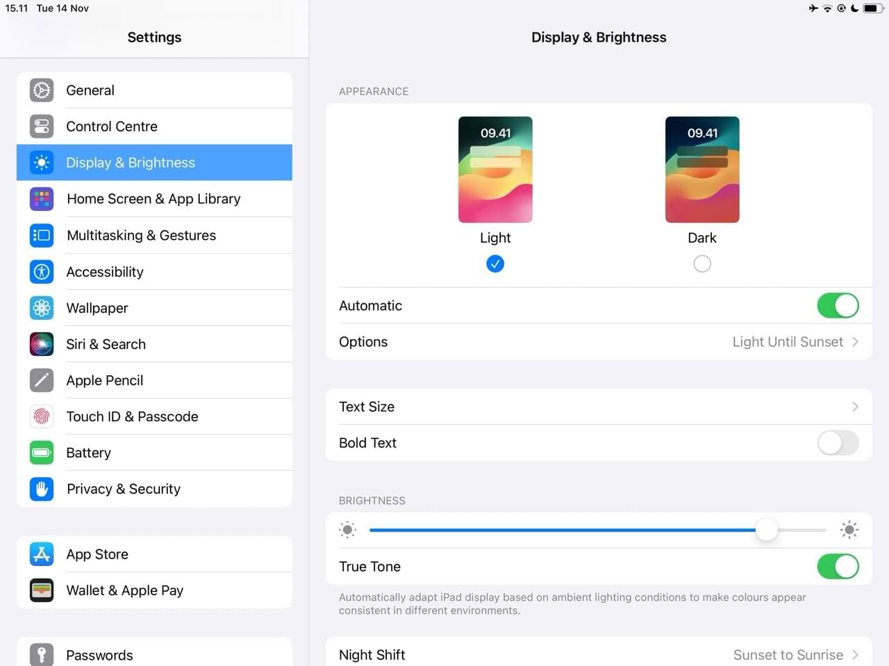 iPadOS Display and Brightness Settings