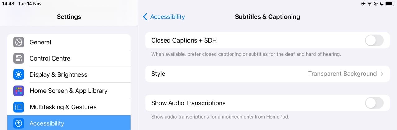 Subtitles and Captioning Settings on iPad