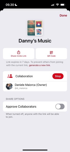 Share options in an Apple Music collaborative playlist
