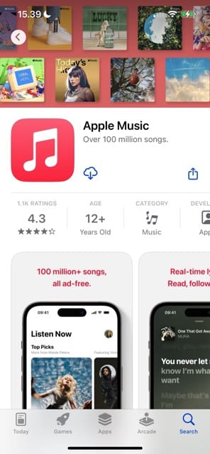 Tap the cloud icon to re-download Apple Music