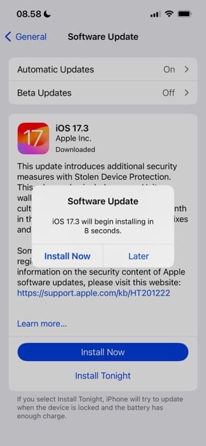 Confirm iOS 17.3 Update