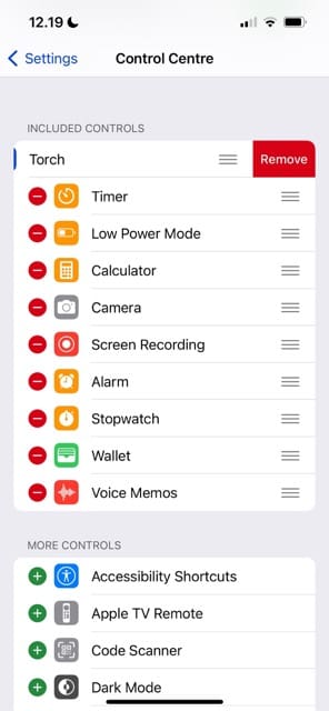 Remove the Torch from iPhone Control Center