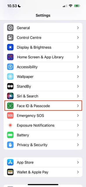 Select Face ID and Passcode in iOS 17