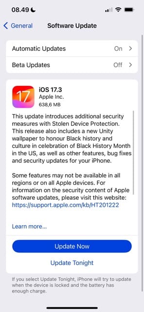 Update Now iOS 17.3
