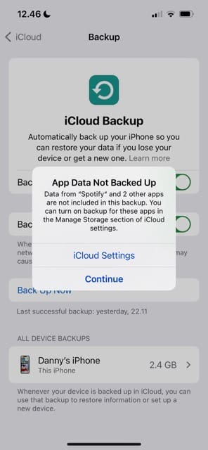 Pop-up appearing when trying to update iCloud backup