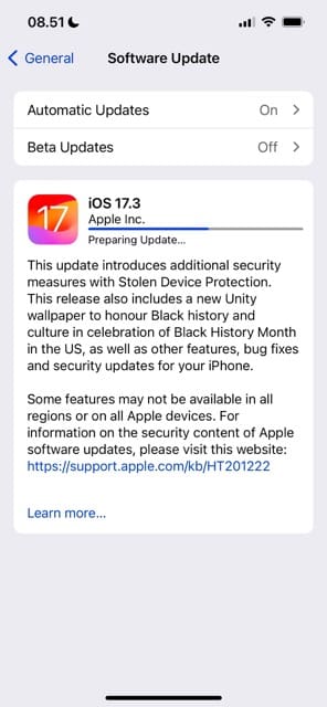 iOS 17.3 Preparing for Update on an iPhone