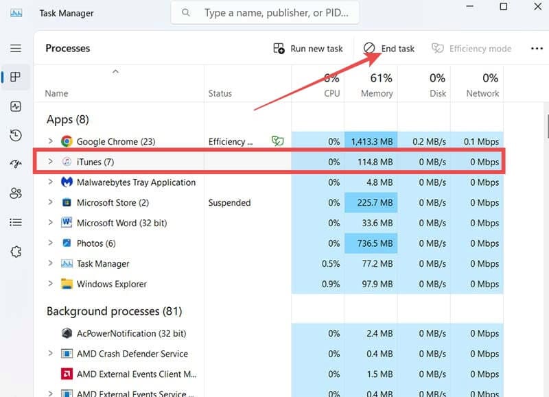 Close All iTunes Processes in the Task Manager 2