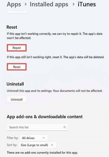 Reset or Repair the iTunes App 3